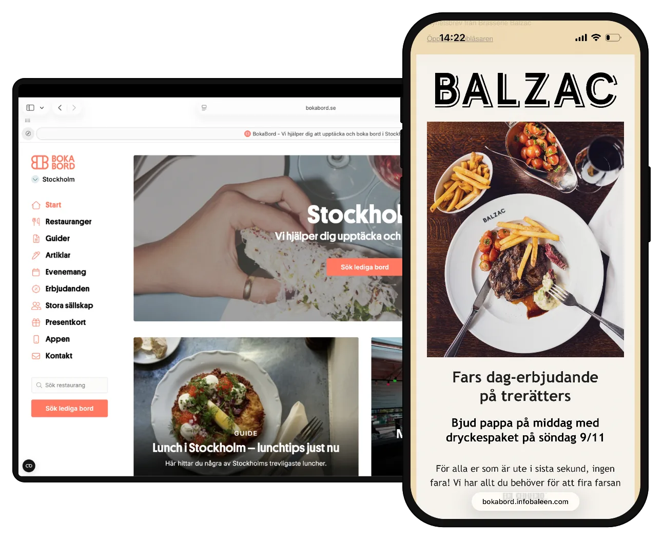 bokabord.se i webbläsare och nyhetsbrev från restaurang i mobil