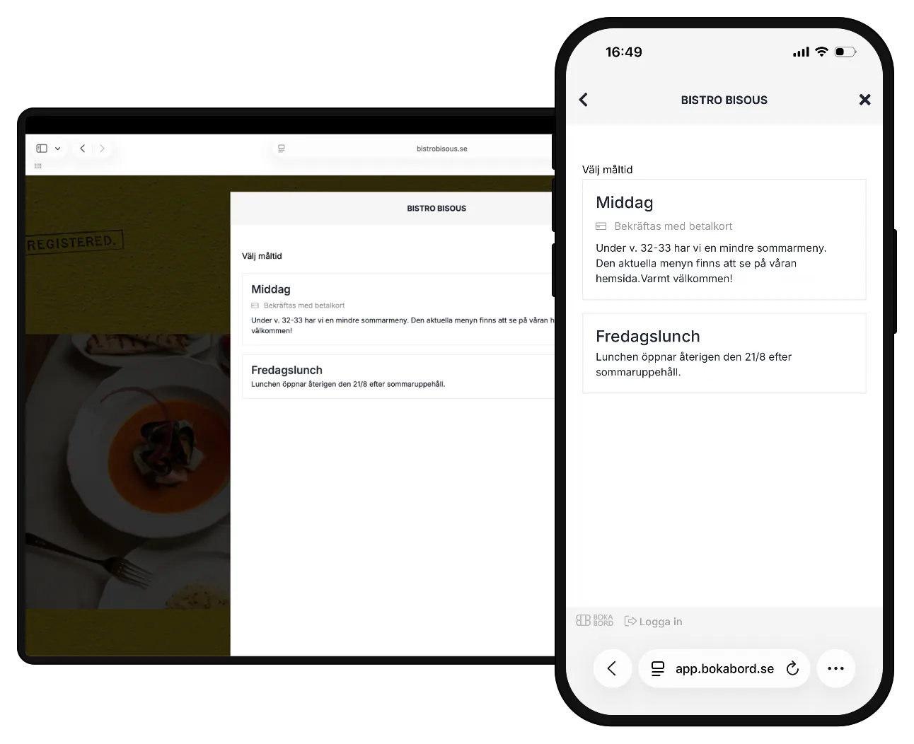 WaiterAids bokningswidget visad i webbläsare och mobil